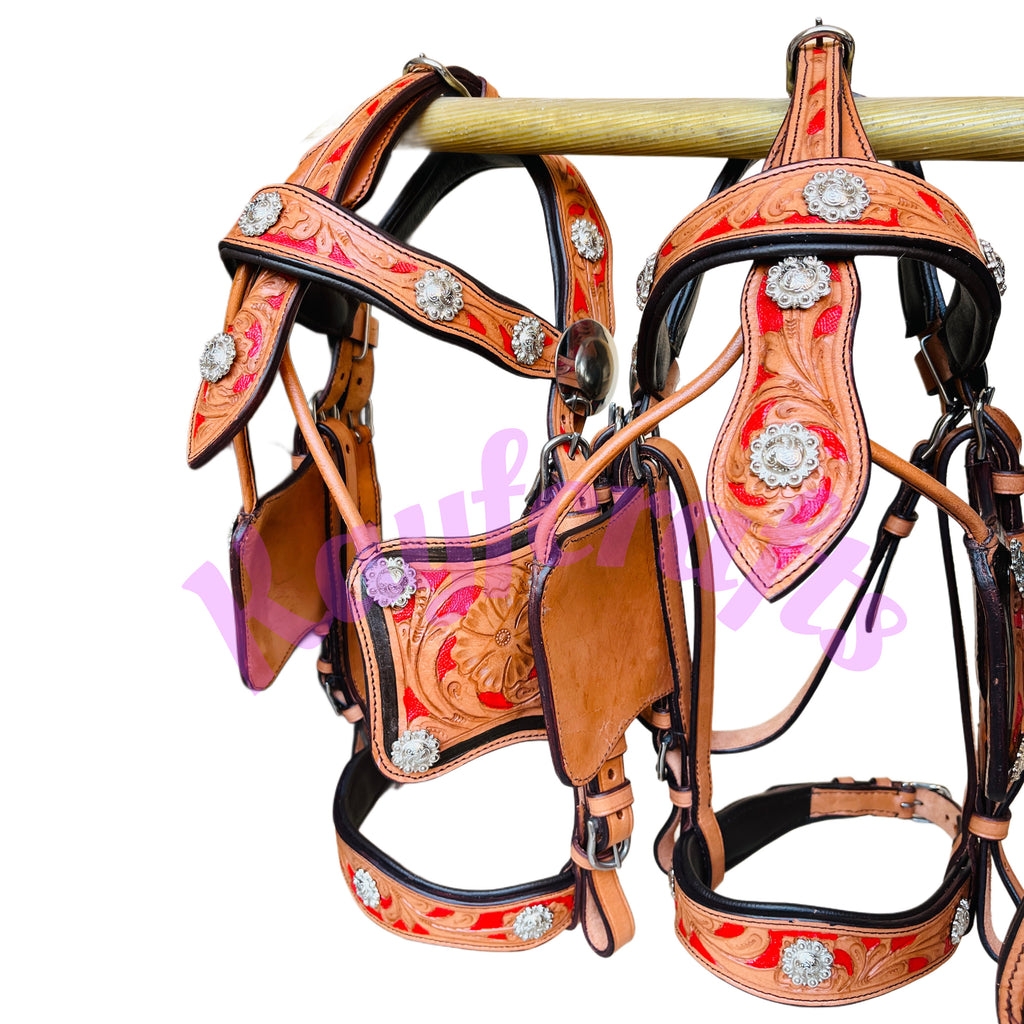 Premium Team Pair Horse Driving Harness  Natural, Tan and Red Leather with Floral Tooling
