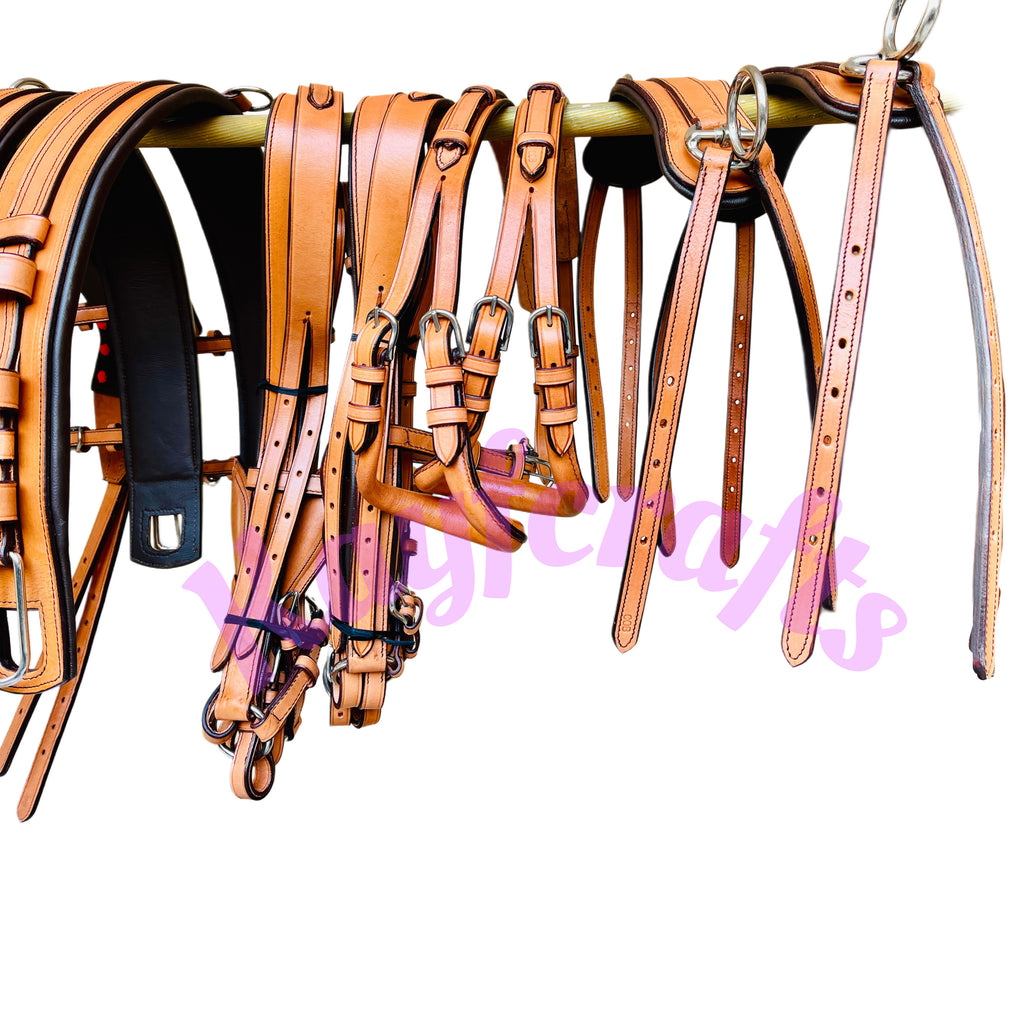 Premium Team Pair Horse Driving Harness  Natural, Tan and Red Leather with Floral Tooling