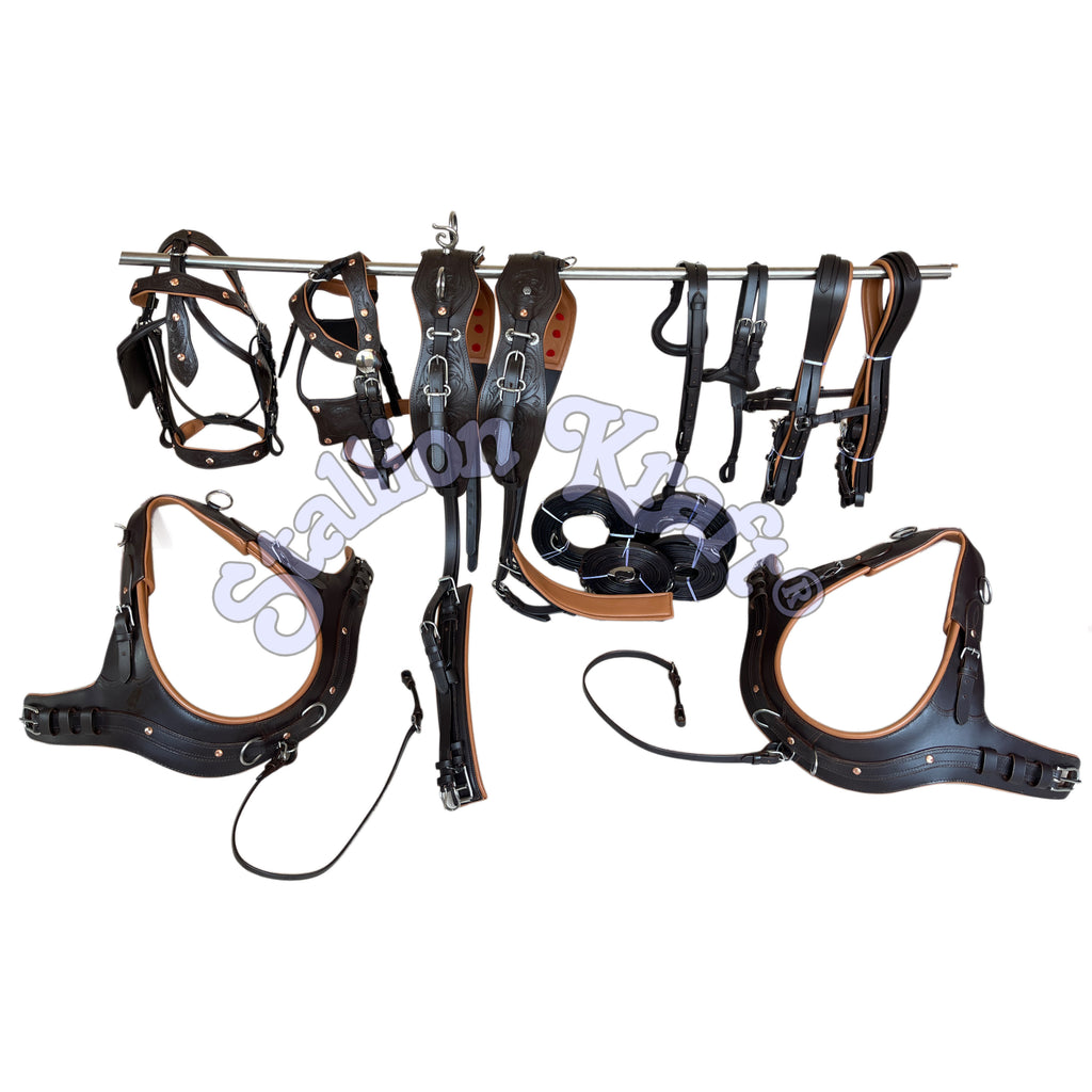 Anatomical French Collar Horse Driving Harness Tan and Brown Team Pair Carriage Harness