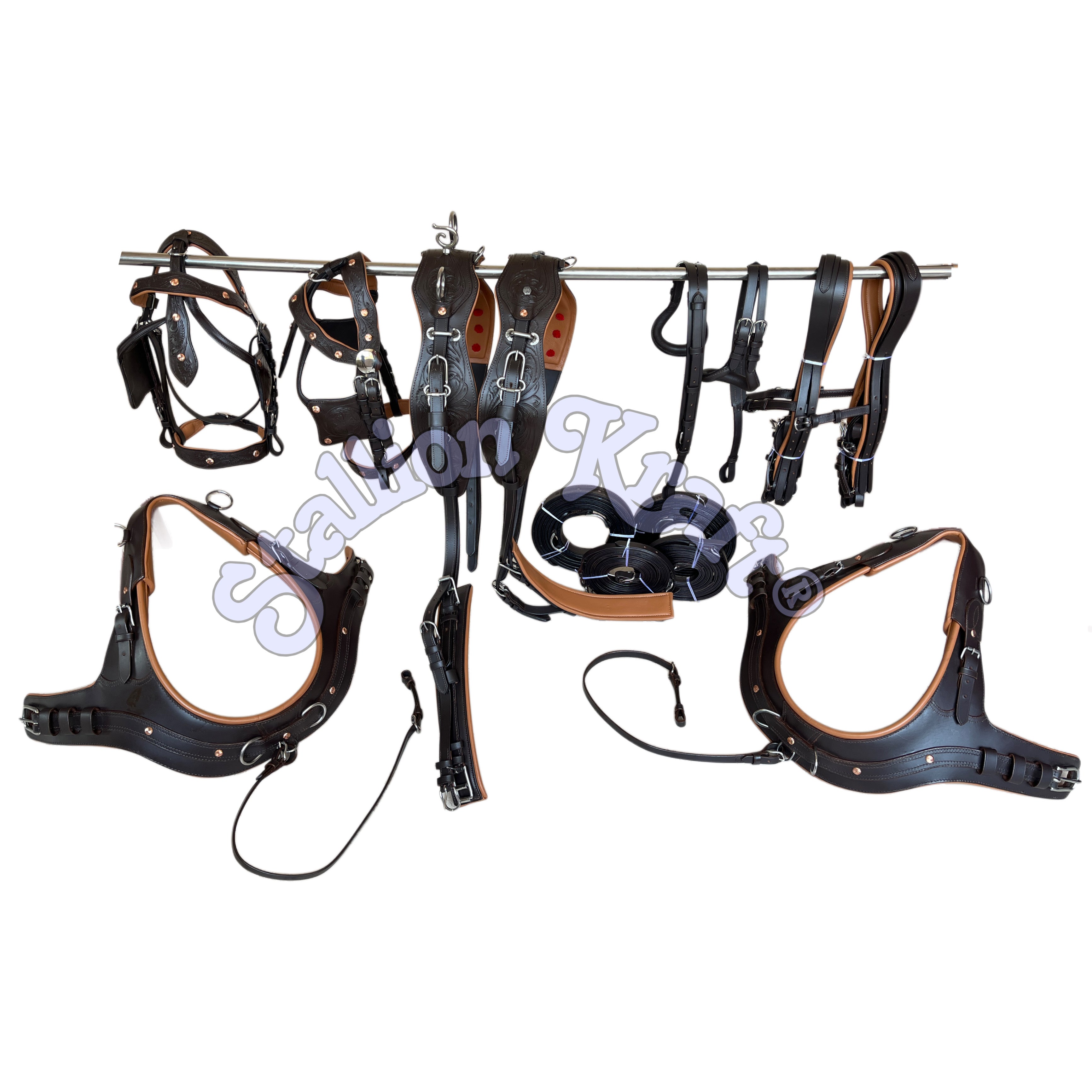 Anatomical French Collar Horse Driving Harness Tan and Brown Team Pair Carriage Harness