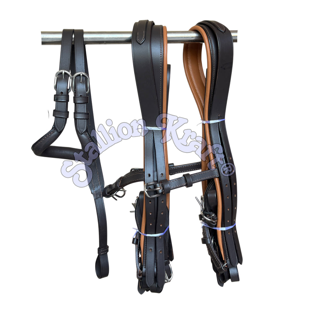 Anatomical French Collar Horse Driving Harness Tan and Brown Team Pair Carriage Harness