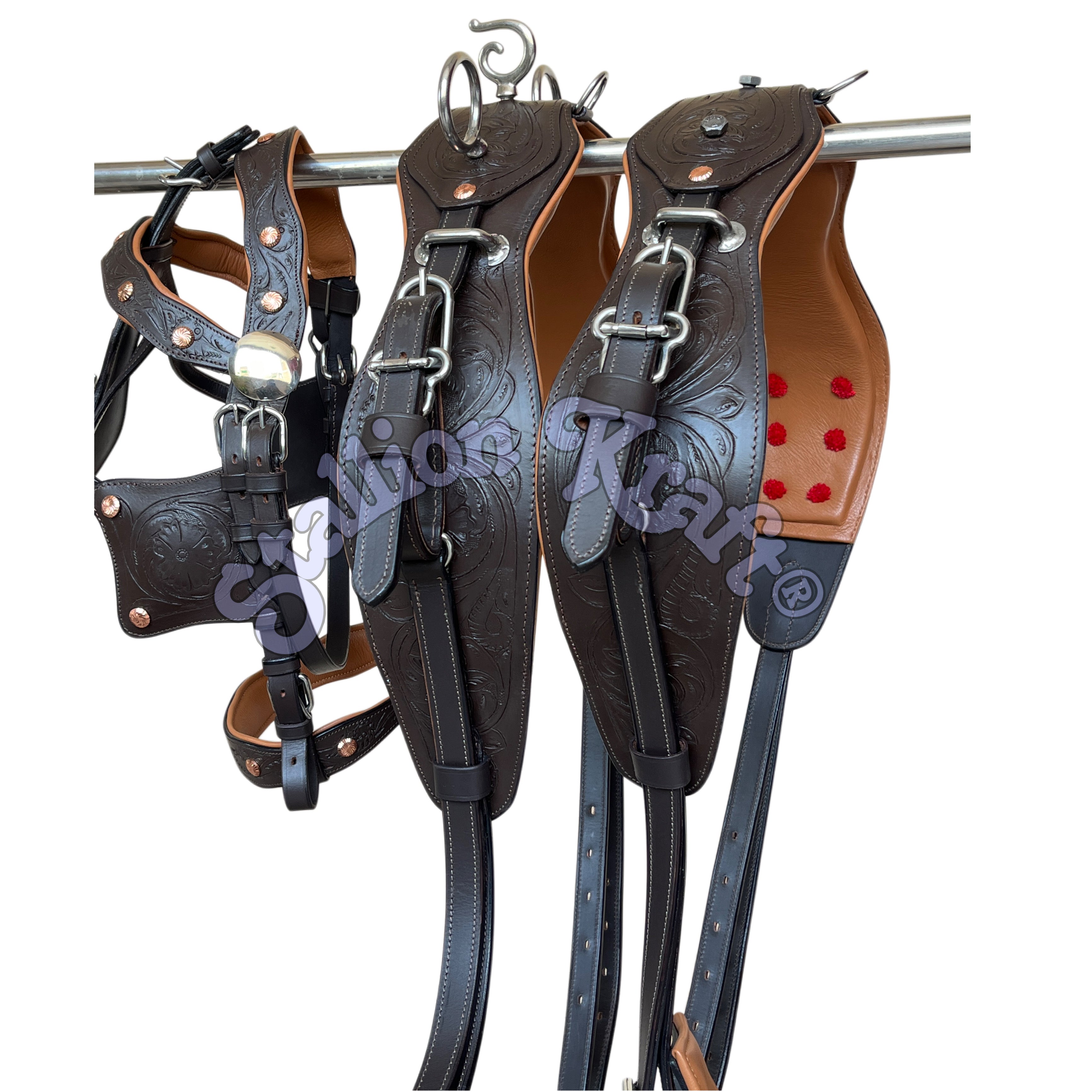Anatomical French Collar Horse Driving Harness Tan and Brown Team Pair Carriage Harness