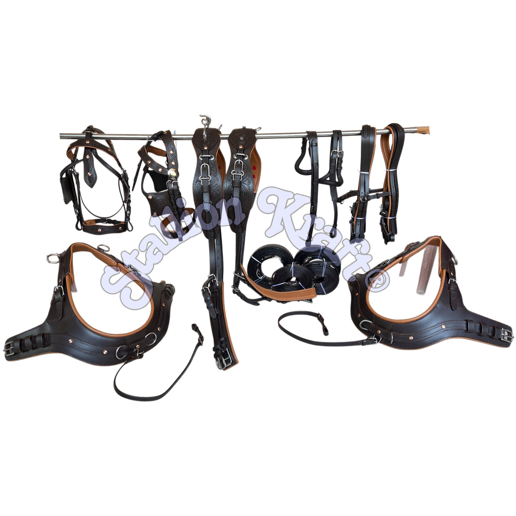 Anatomical French Collar Horse Driving Harness Tan and Brown Team Pair Carriage Harness