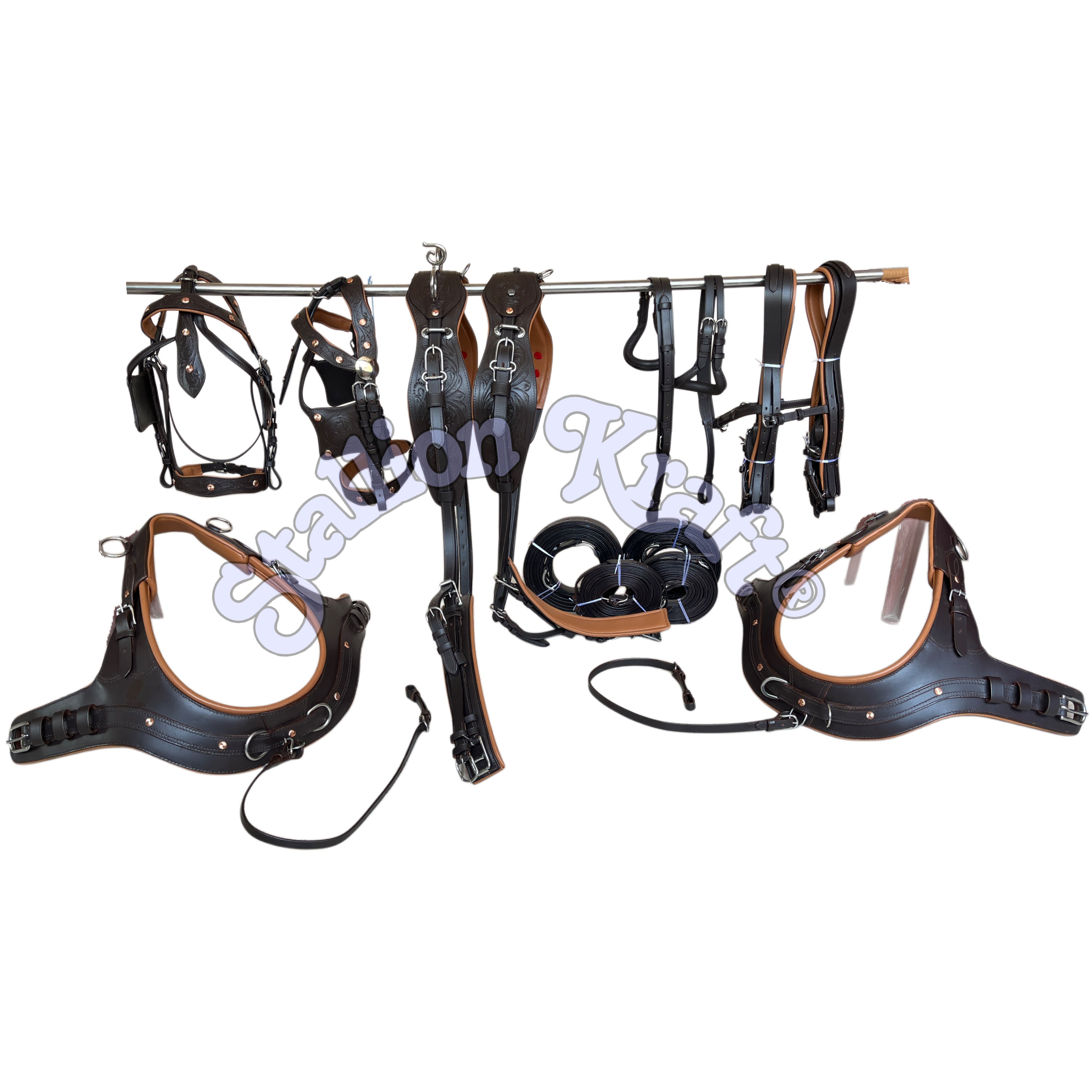 Anatomical French Collar Horse Driving Harness Tan and Brown Team Pair Carriage Harness