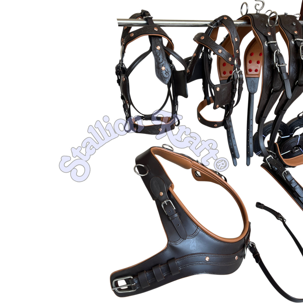 Anatomical French Collar Horse Driving Harness Tan and Brown Team Pair Carriage Harness