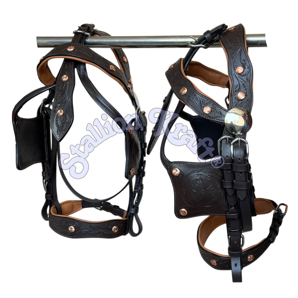Anatomical French Collar Horse Driving Harness Tan and Brown Team Pair Carriage Harness