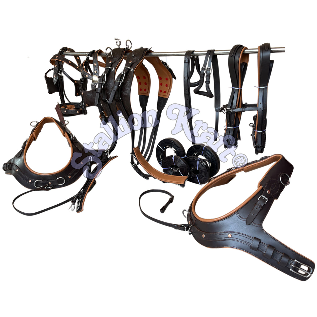 Anatomical French Collar Horse Driving Harness Tan and Brown Team Pair Carriage Harness