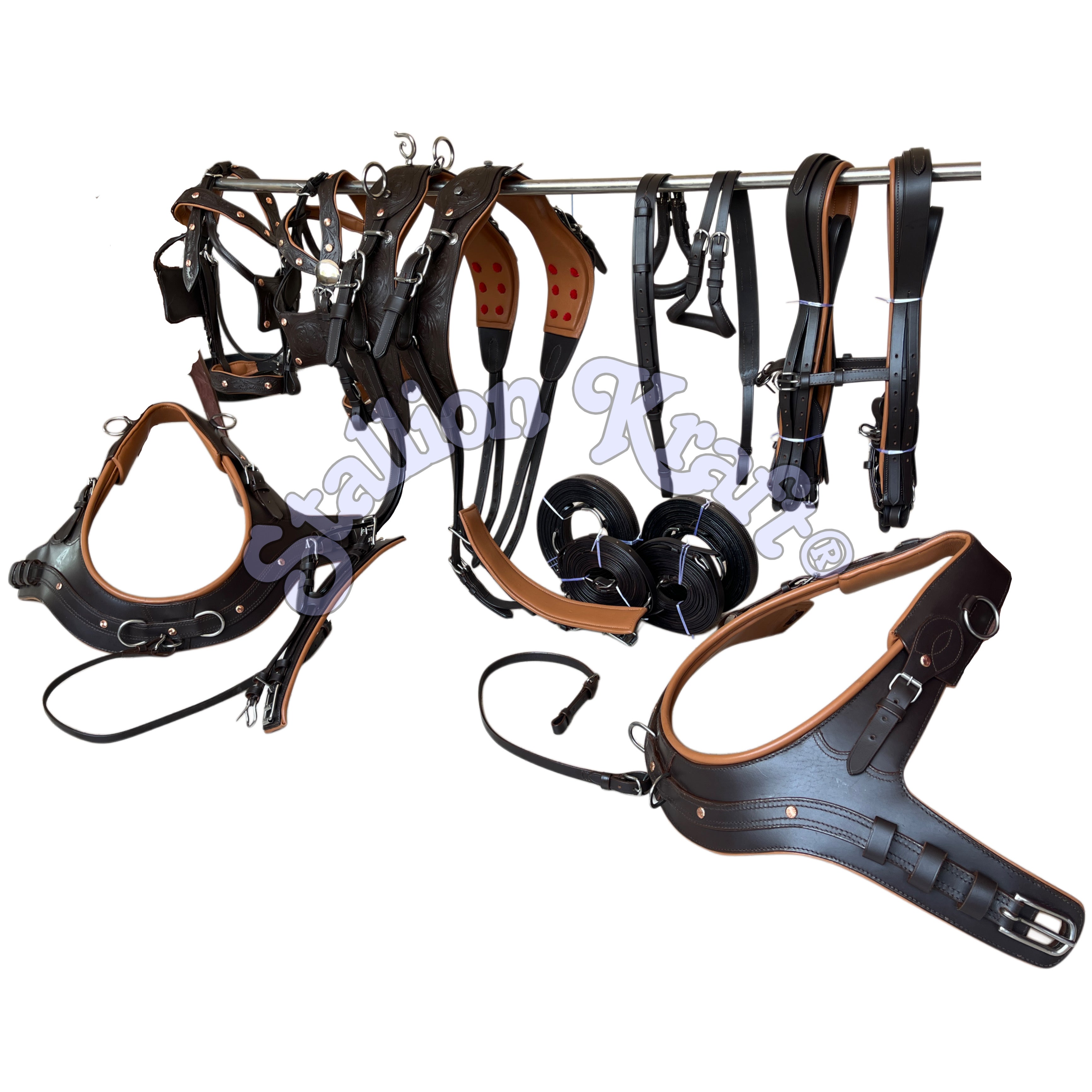 Anatomical French Collar Horse Driving Harness Tan and Brown Team Pair Carriage Harness