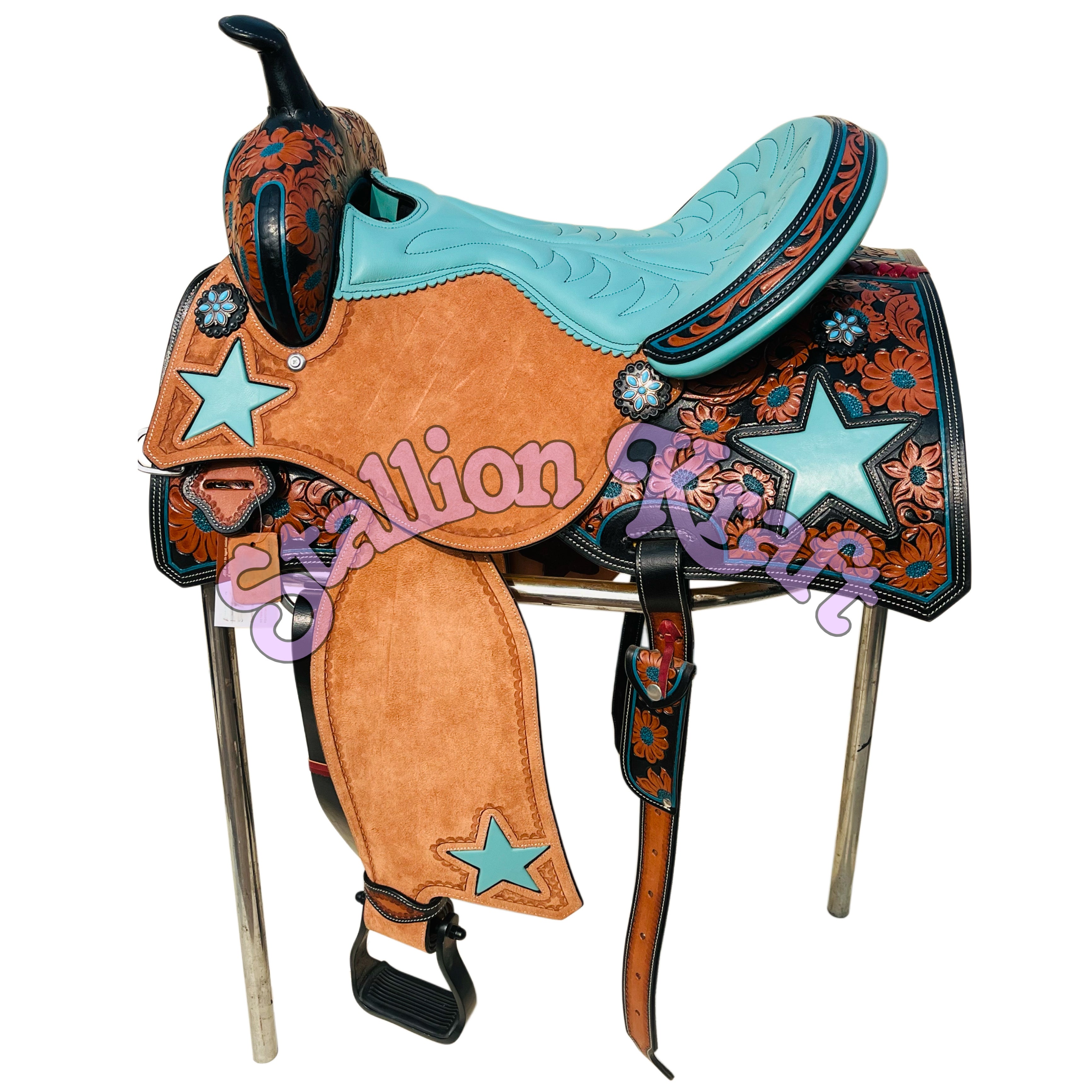 Turquoise Blue Show Western Saddle With Matching Tack Set Hand Tooled Leather  Roughout Fenders