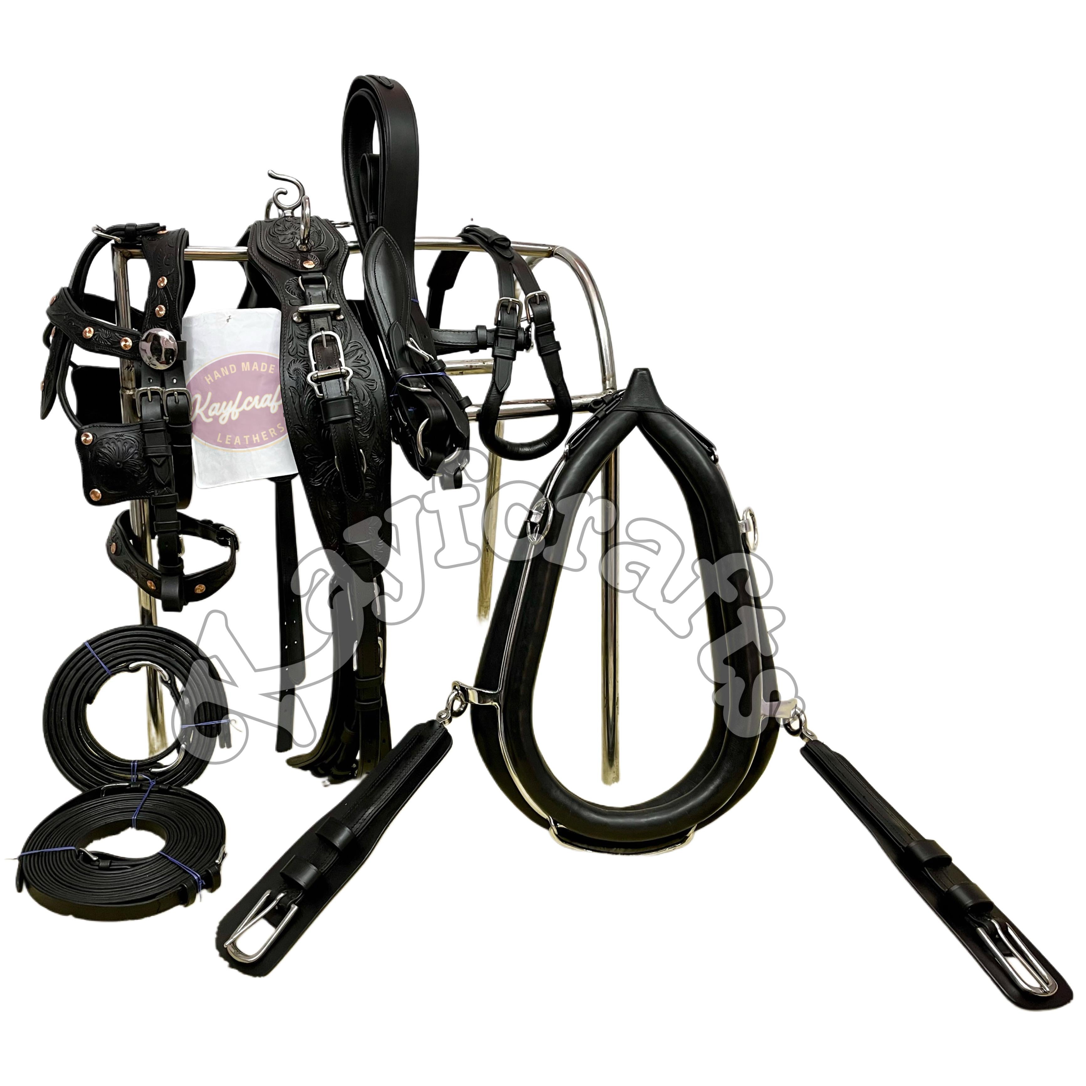 Premium Full Grain Black Leather Horse Driving Harness Hand Tooled Carriage and Buggy Harness