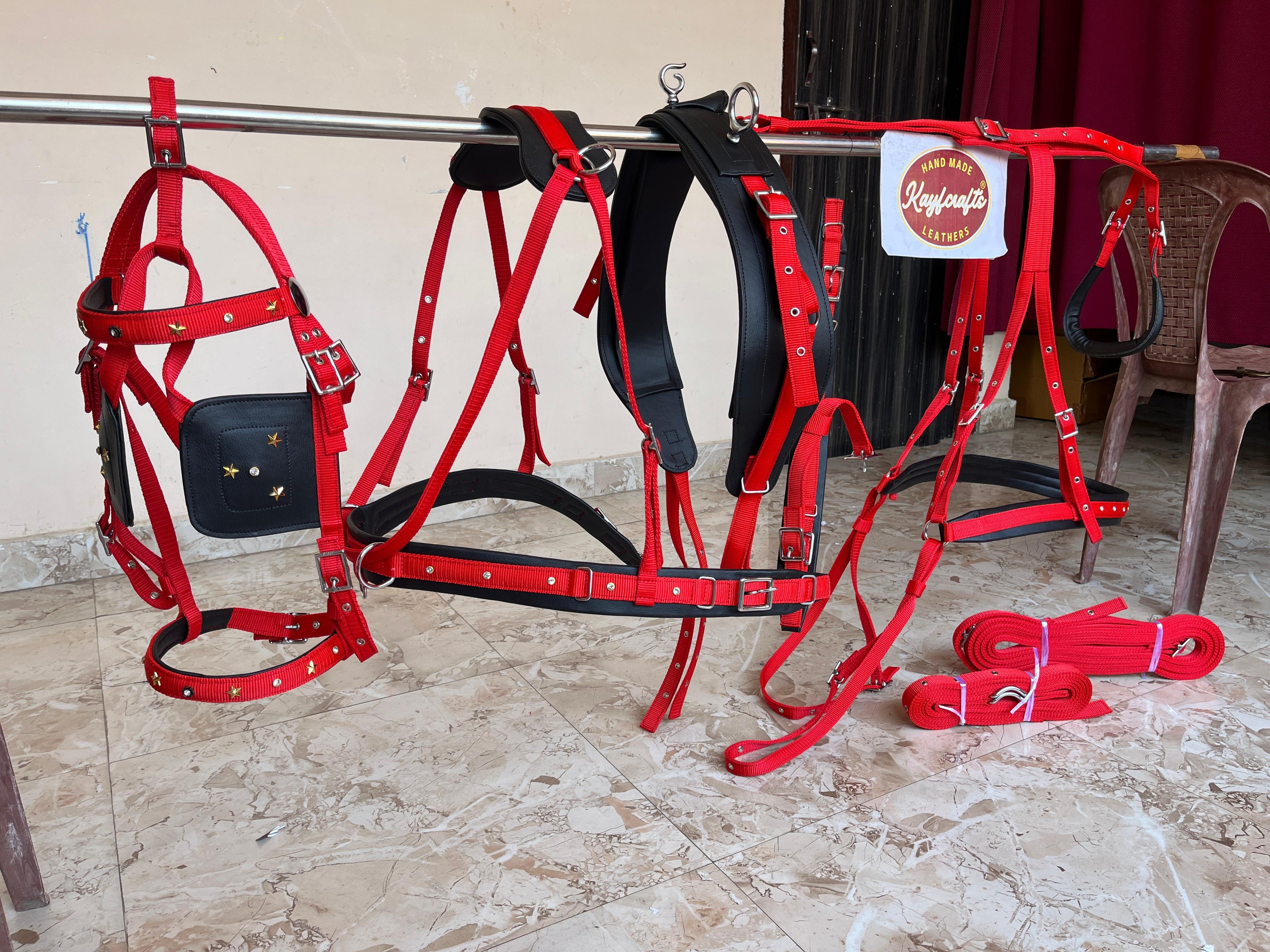 Handmade Red and Black Nylon Horse Driving Harness with Padded saddle, Breast collar, Breeching and Chrome fittings.