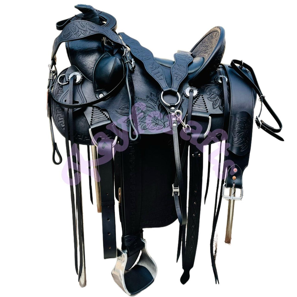 Custom Oiled Black Wade Saddle Hand Tooled Leather with Bucking Rolls and Matching Tack Set