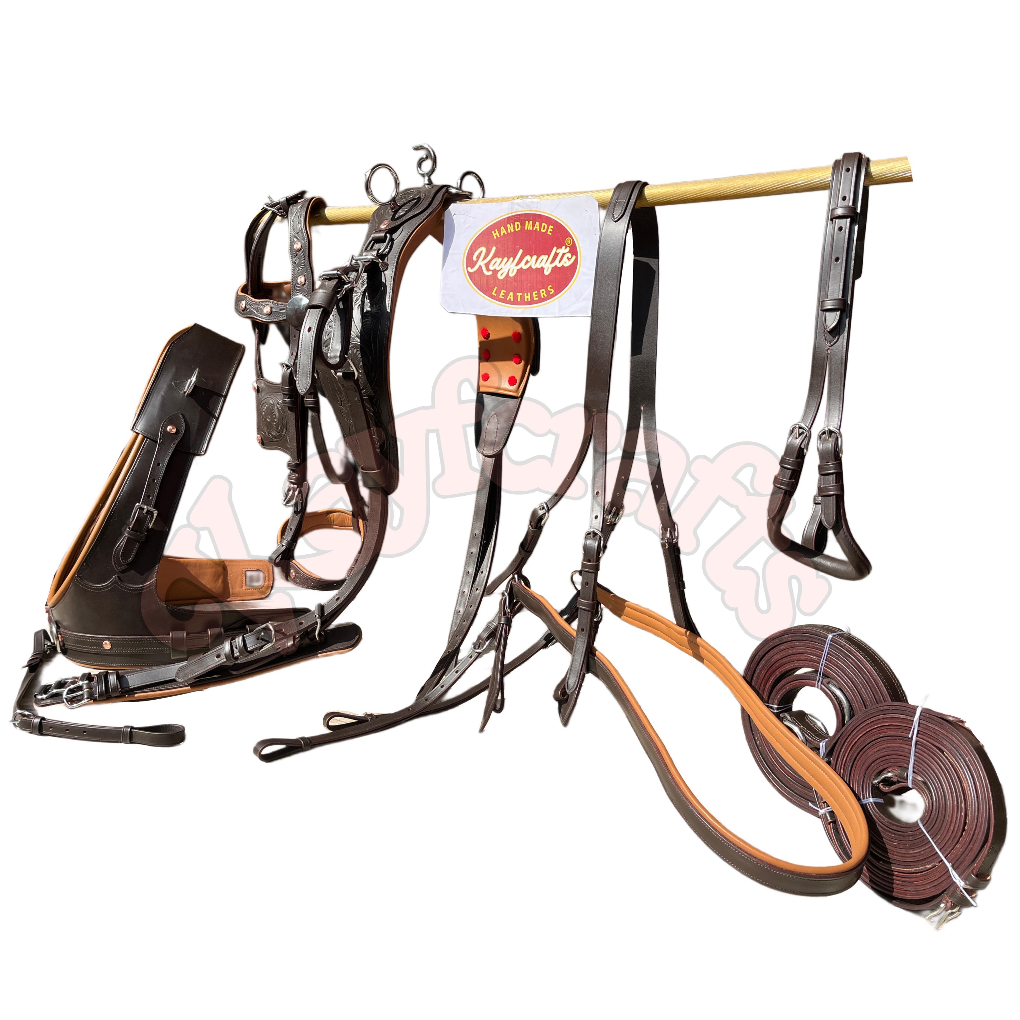 Premium Full Grain Brown Oiled Leather Horse Driving Harness Set with French Collar Stainless Steel Fittings Carriage, Buggy & Cart Harness