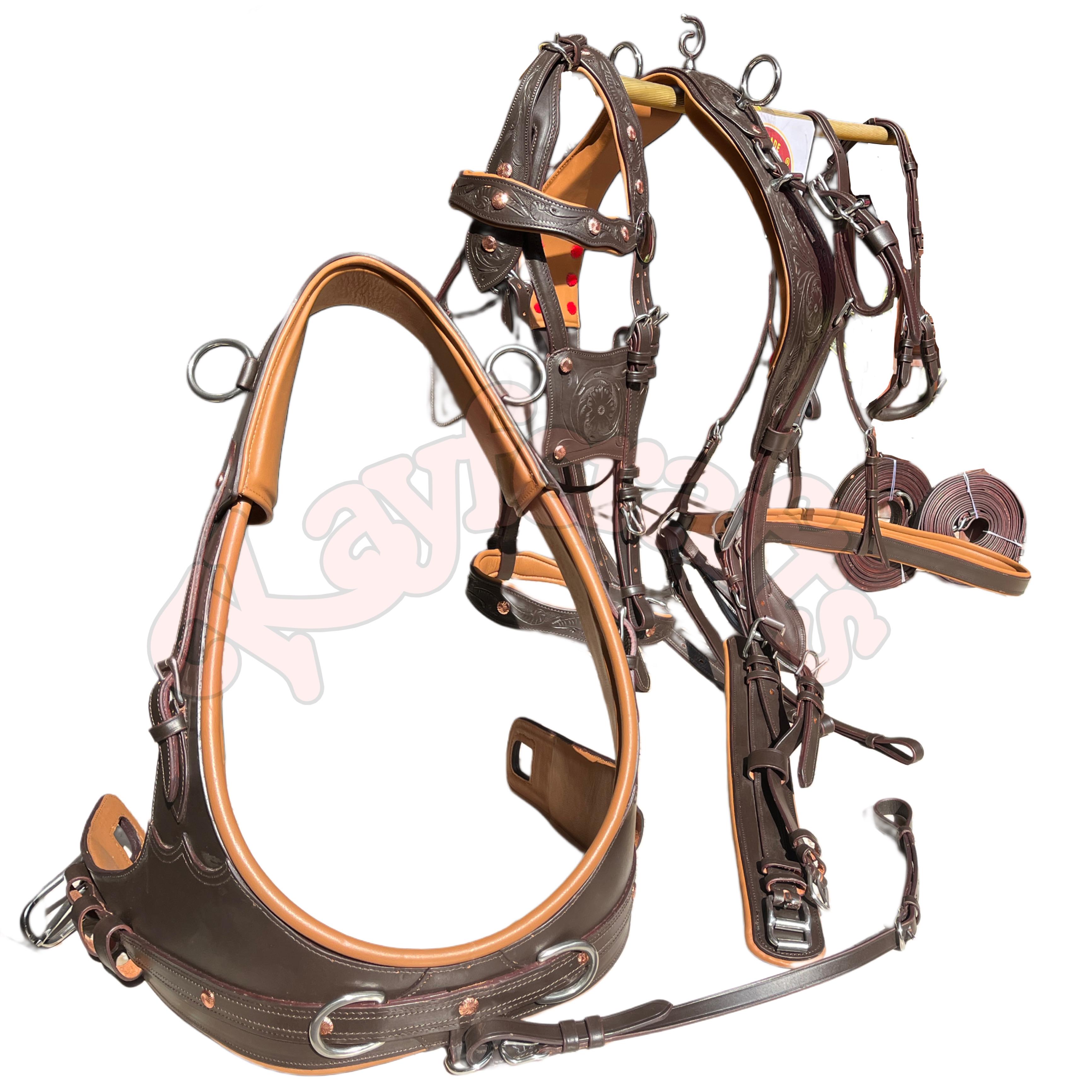 Premium Full Grain Brown Oiled Leather Horse Driving Harness Set with French Collar Stainless Steel Fittings Carriage, Buggy & Cart Harness