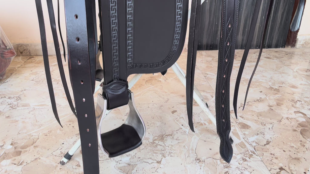 Custom Oiled Black Wade Saddle Hand Tooled Leather with Bucking Rolls and Matching Tack Set