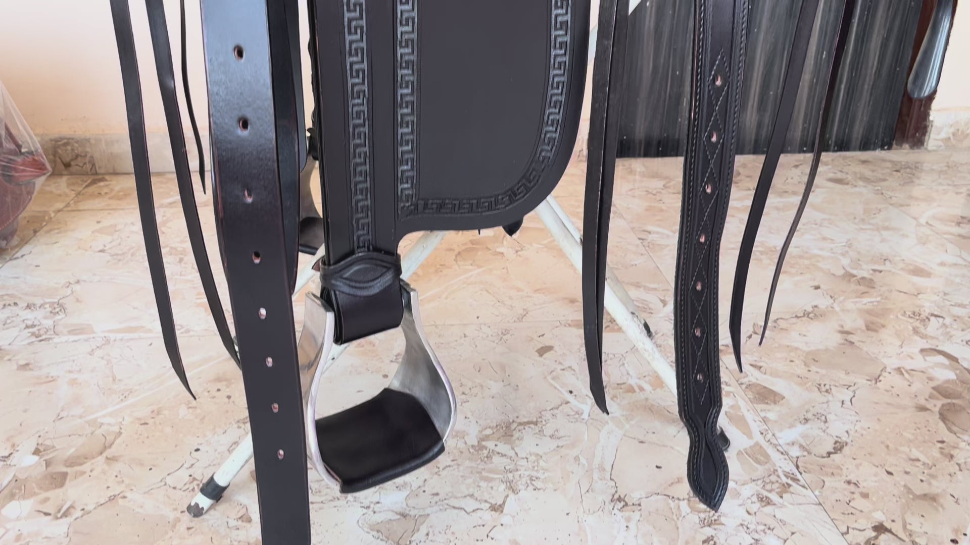 Custom Oiled Black Wade Saddle Hand Tooled Leather with Bucking Rolls and Matching Tack Set